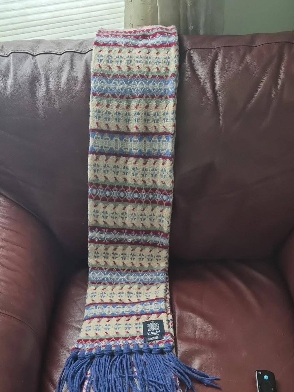 Drake's London Fair Isle Lambswool Scarf Made in Scotland Fringe